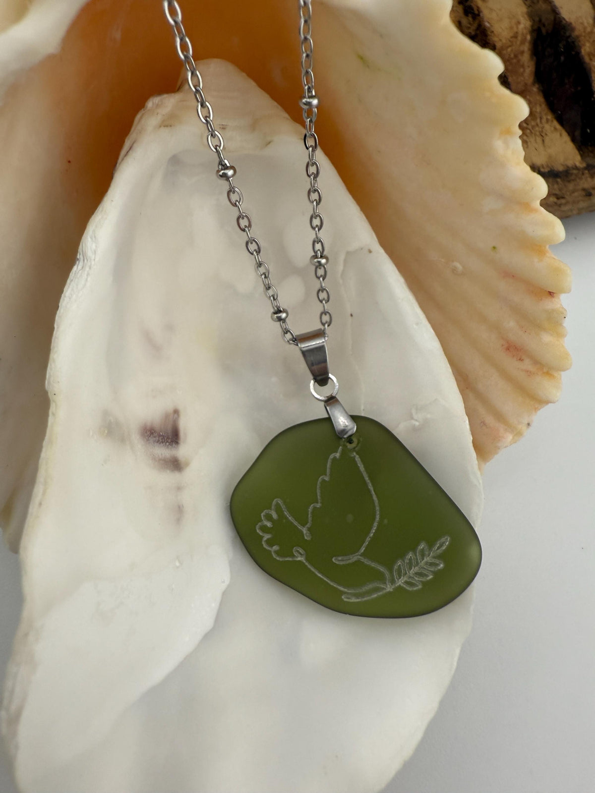 Engraved Sea Glass Pendant: Dove as Peace Symbol, Ocean Charms