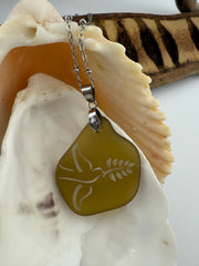 Engraved Sea Glass Pendant: Dove as Peace Symbol, Ocean Charms