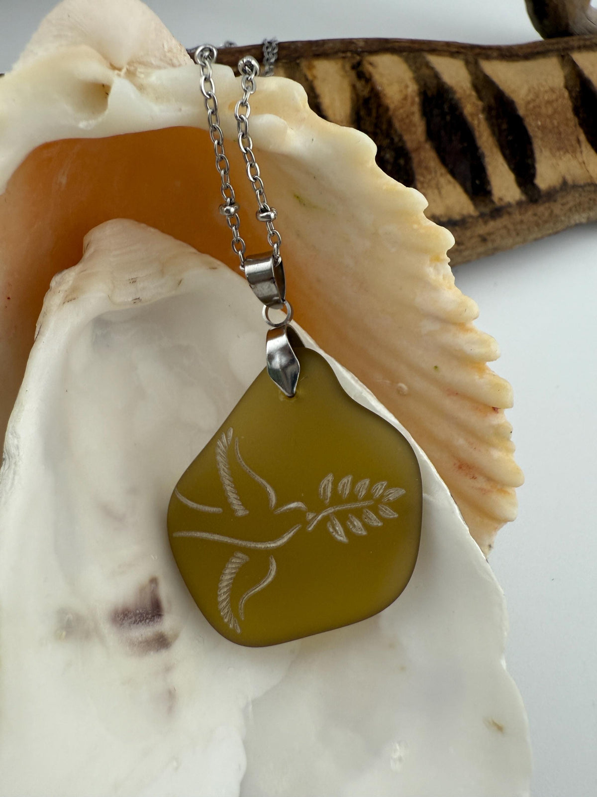 Engraved Sea Glass Pendant: Dove as Peace Symbol, Ocean Charms