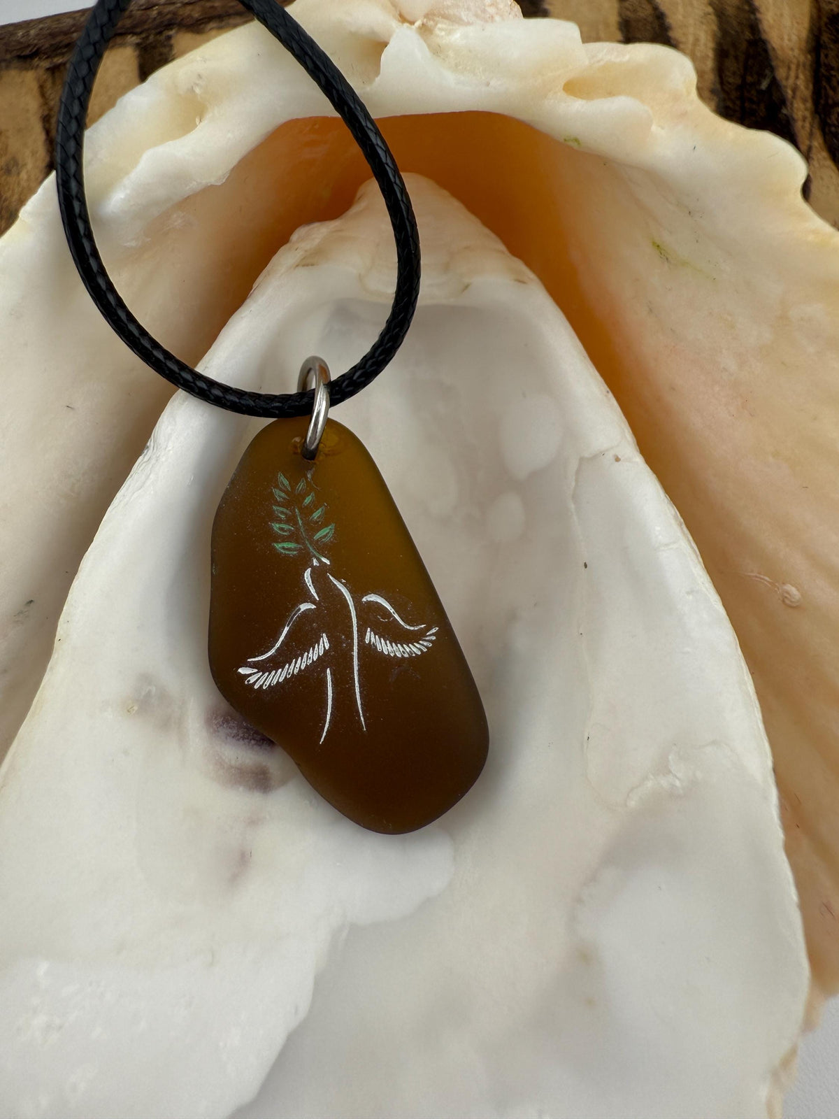 Engraved Sea Glass Pendant: Dove as Peace Symbol, Ocean Charms