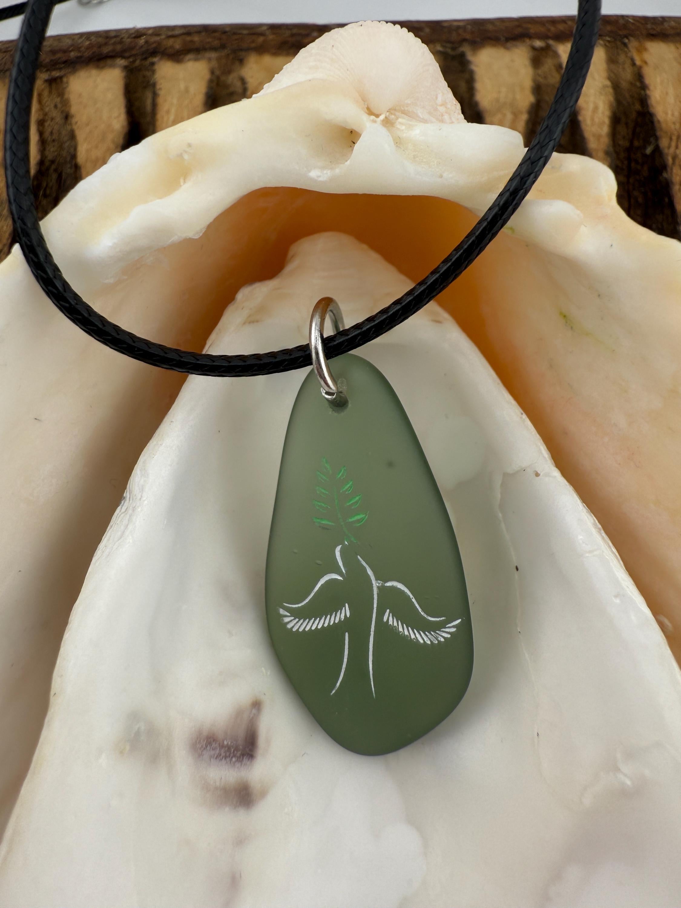 Engraved Sea Glass Pendant: Dove as Peace Symbol, Ocean Charms
