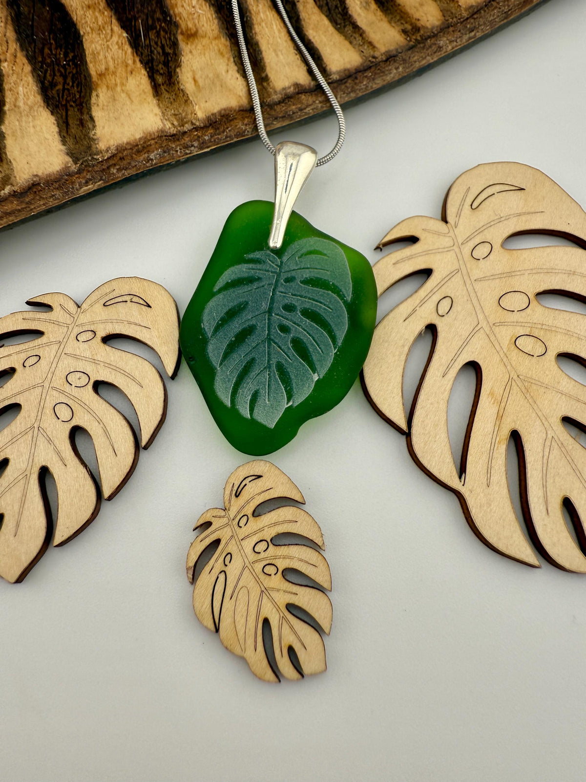 Laser-Engraved Monstera Leaf Sea Glass Pendant: Silver Necklace