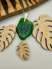 Laser-Engraved Monstera Leaf Sea Glass Pendant: Silver Necklace