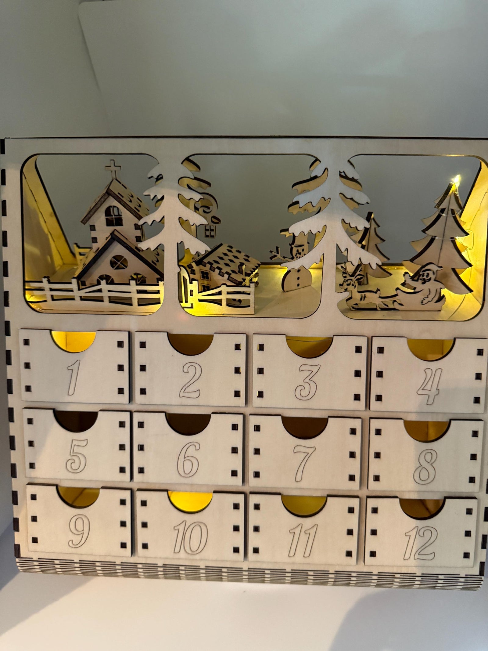 Unique Lighted Wooden Advent Calendar – Rustic Christmas Countdown Decoration, Holiday Family Tradition Limited Edition