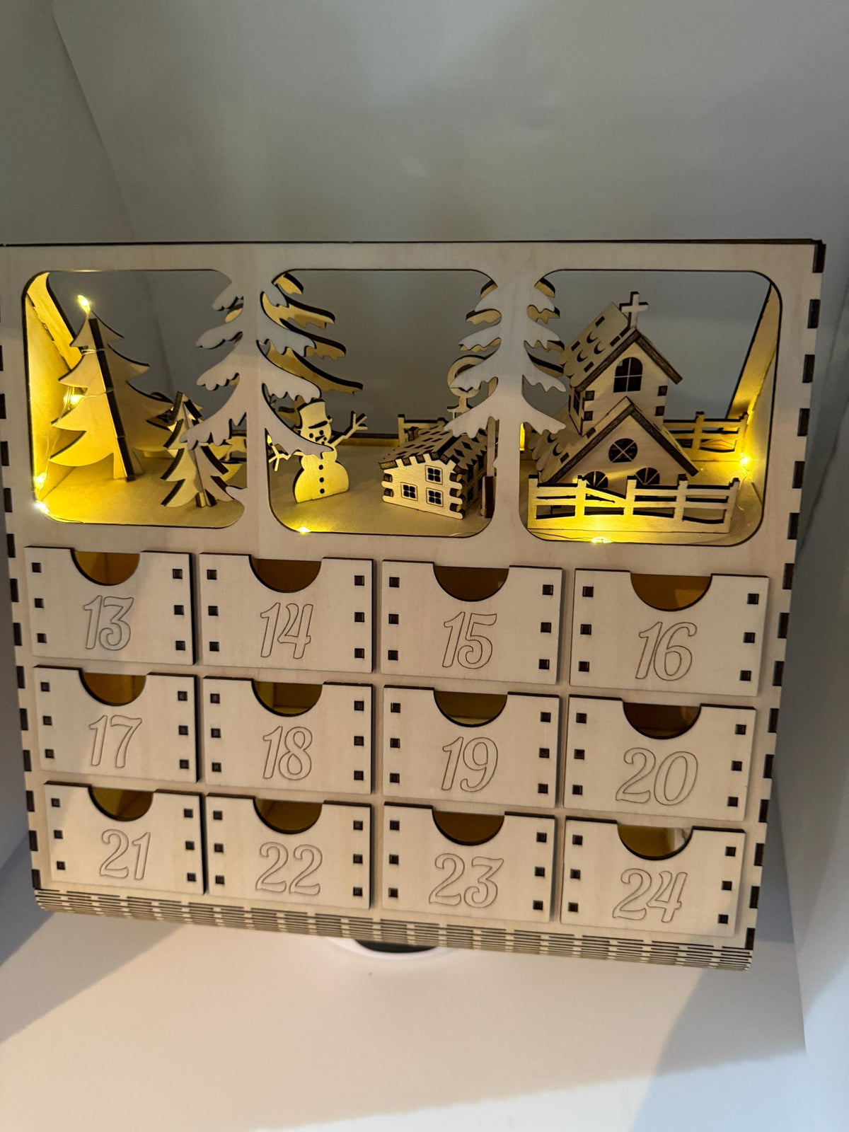 Unique Lighted Wooden Advent Calendar – Rustic Christmas Countdown Decoration, Holiday Family Tradition Limited Edition