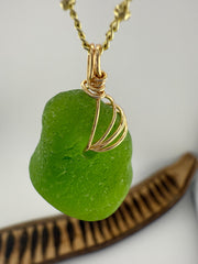 Lime Green Sea Glass Pendant – Genuine Caribbean Find, Hand-Drilled & Artistic Gold Wire Wrapped Necklace
