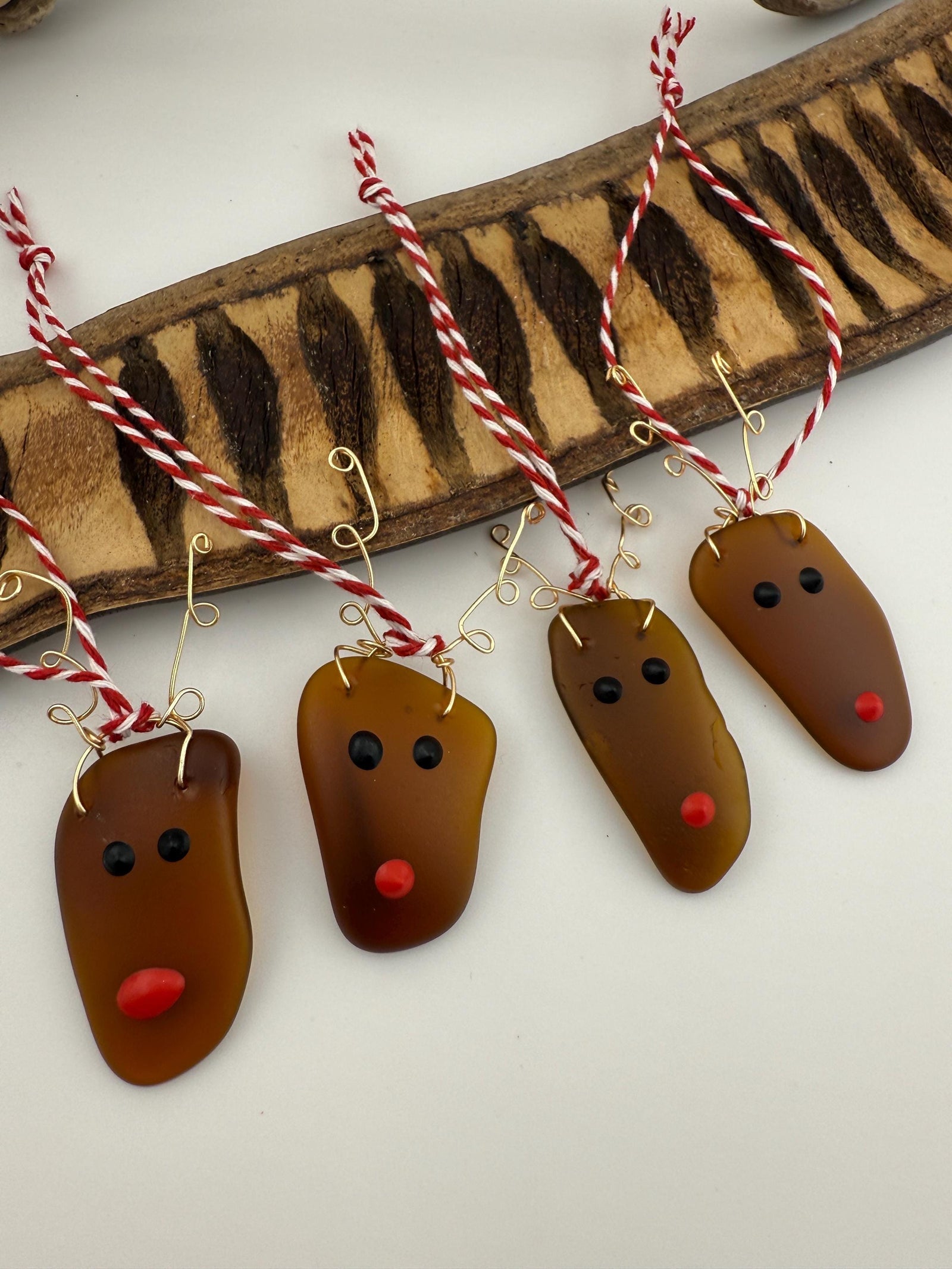 Set of 2, Sea Glass Reindeer Couple Christmas Ornaments, Handmade Coastal Holiday Decor