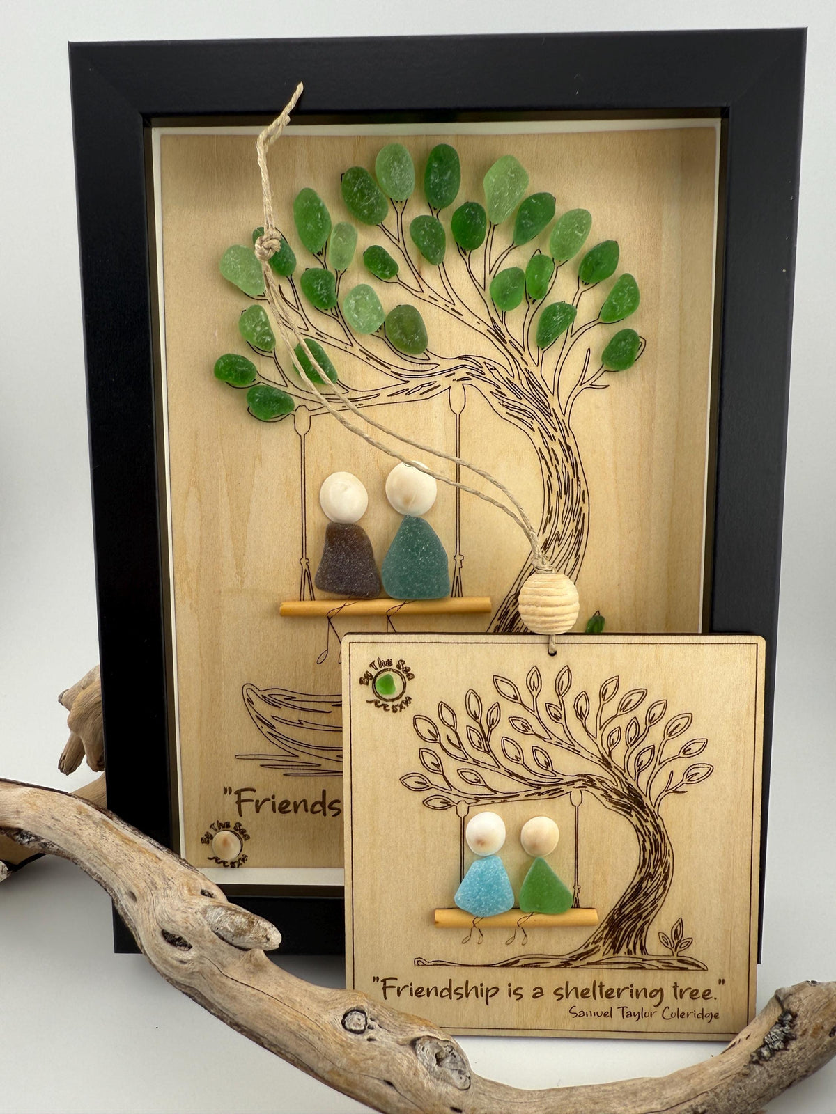 Friendship Sea Glass Ornament, Engraved Wood Sheltering Tree, Personalized BFF Gift