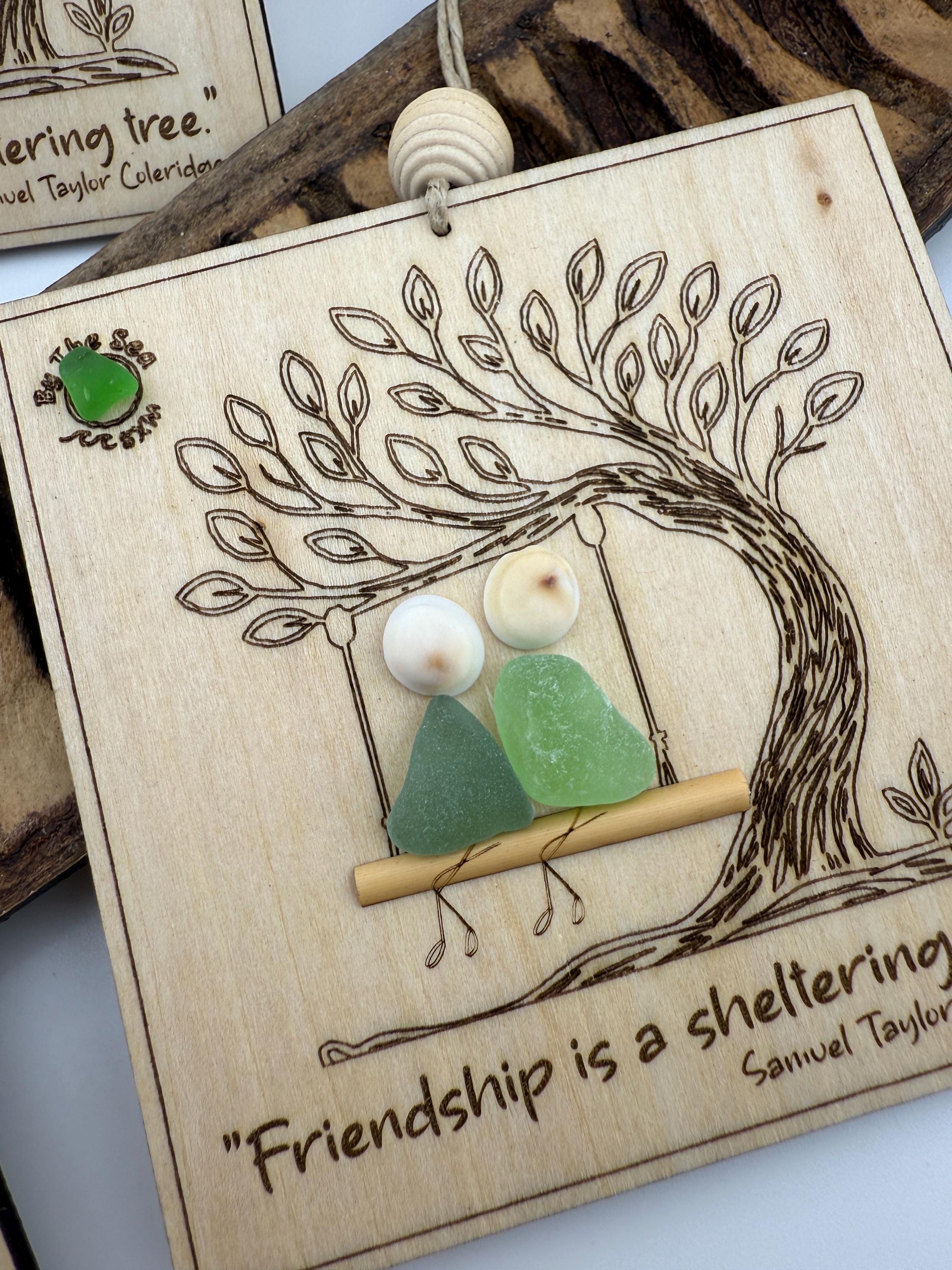 Friendship Sea Glass Ornament, Engraved Wood Sheltering Tree, Personalized BFF Gift