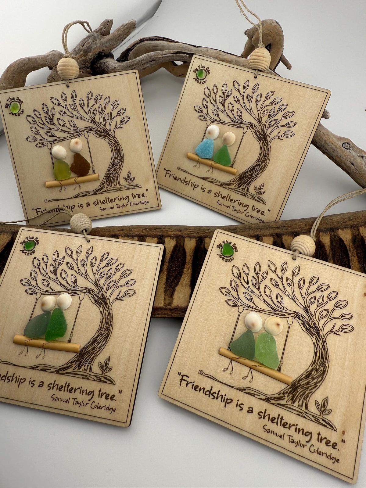 Friendship Sea Glass Ornament, Engraved Wood Sheltering Tree, Personalized BFF Gift