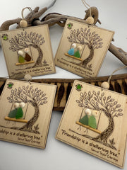 Friendship Sea Glass Ornament, Engraved Wood Sheltering Tree, Personalized BFF Gift