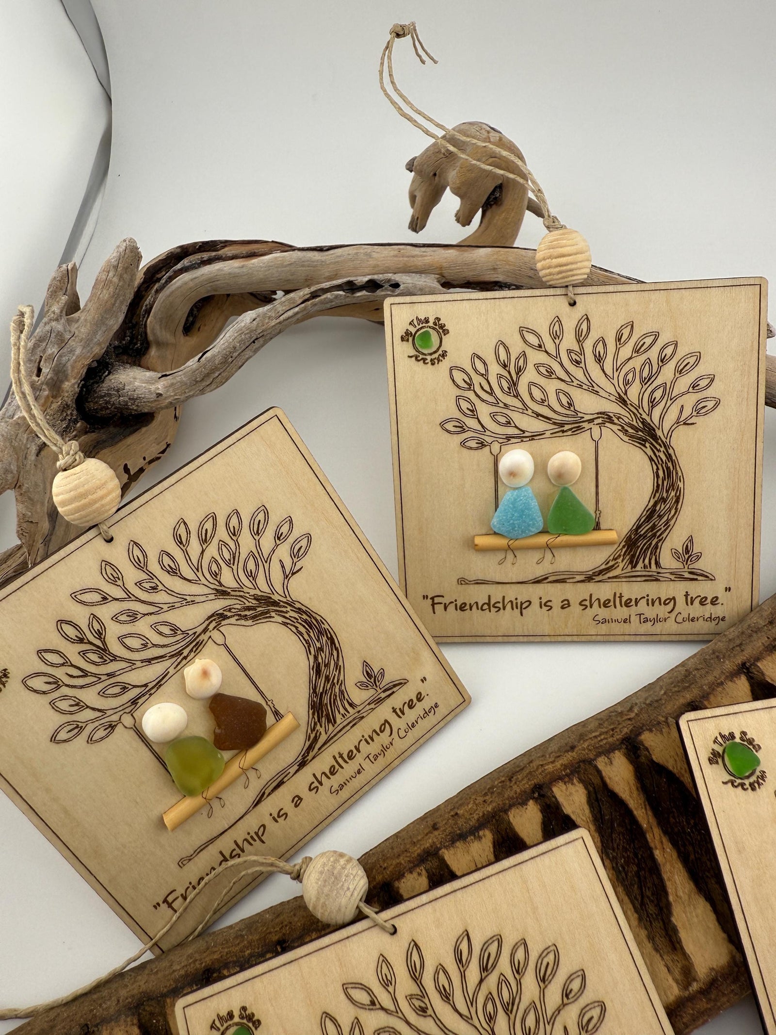 Friendship Sea Glass Ornament, Engraved Wood Sheltering Tree, Personalized BFF Gift