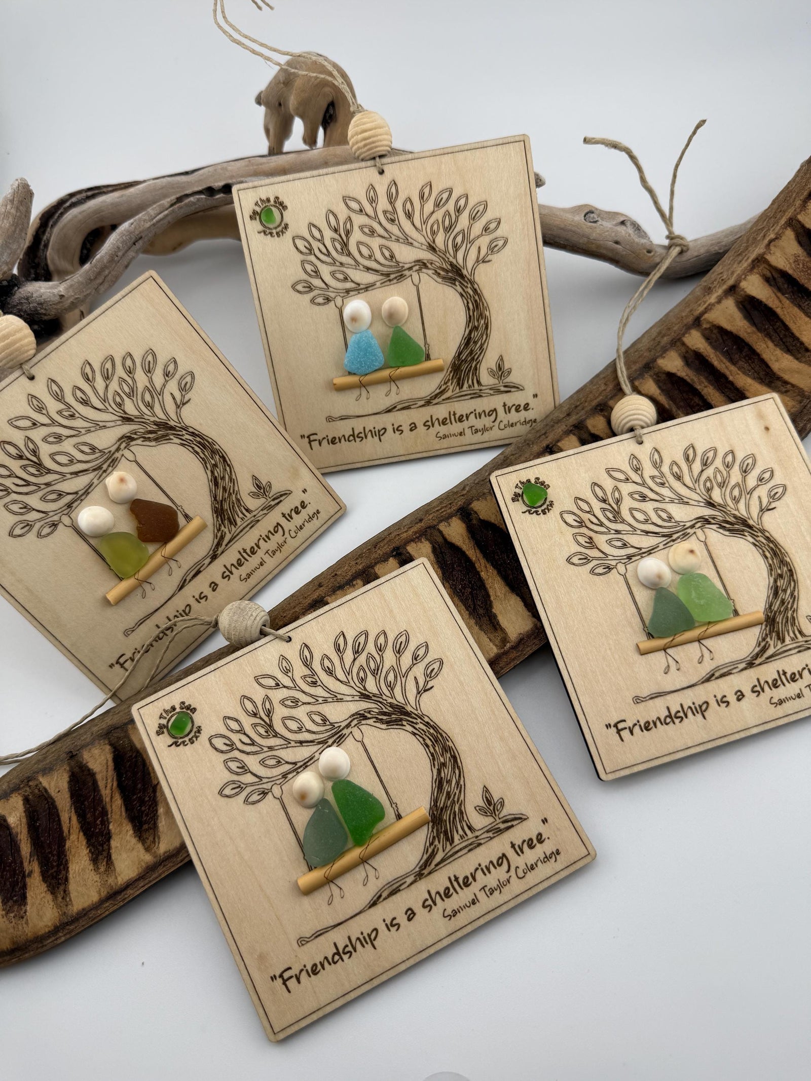 Friendship Sea Glass Ornament, Engraved Wood Sheltering Tree, Personalized BFF Gift