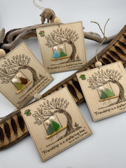 Friendship Sea Glass Ornament, Engraved Wood Sheltering Tree, Personalized BFF Gift