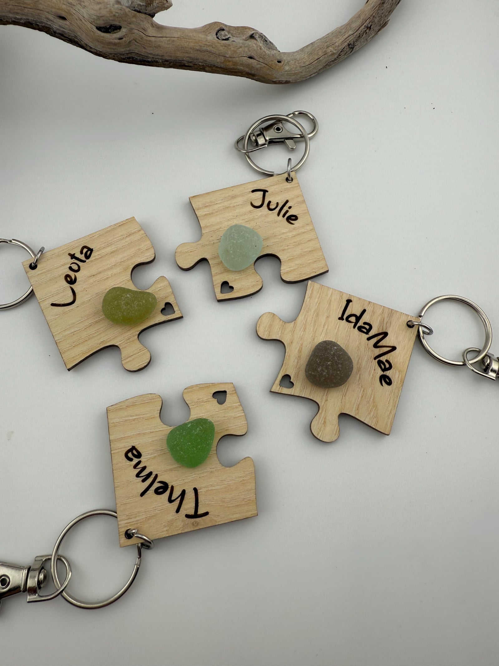 Personalized Puzzle Keychain Set – Engraved Wood & Sea Glass Friend Gift