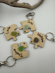Personalized Puzzle Keychain Set – Engraved Wood & Sea Glass Friend Gift