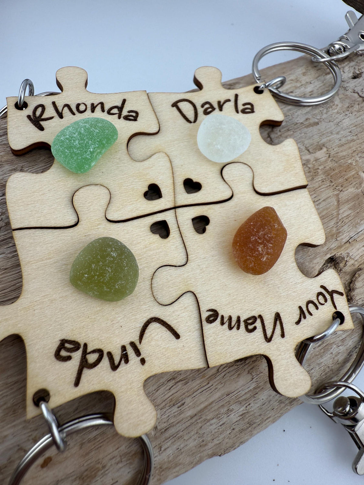 Personalized Puzzle Keychain Set – Engraved Wood & Sea Glass Friend Gift