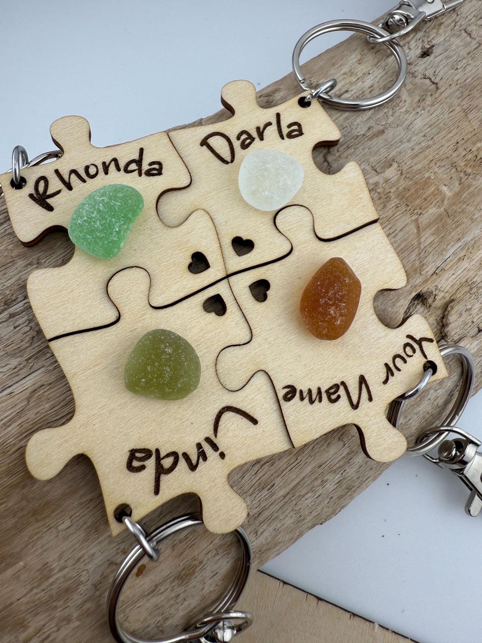 Personalized Puzzle Keychain Set – Engraved Wood & Sea Glass Friend Gift