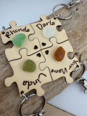 Personalized Puzzle Keychain Set – Engraved Wood & Sea Glass Friend Gift