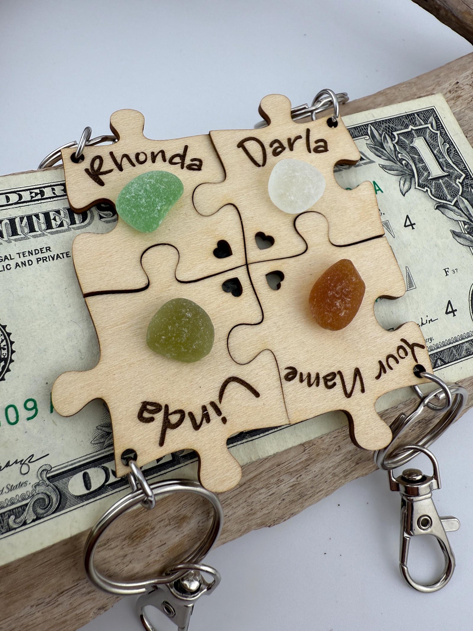 Personalized Puzzle Keychain Set – Engraved Wood & Sea Glass Friend Gift