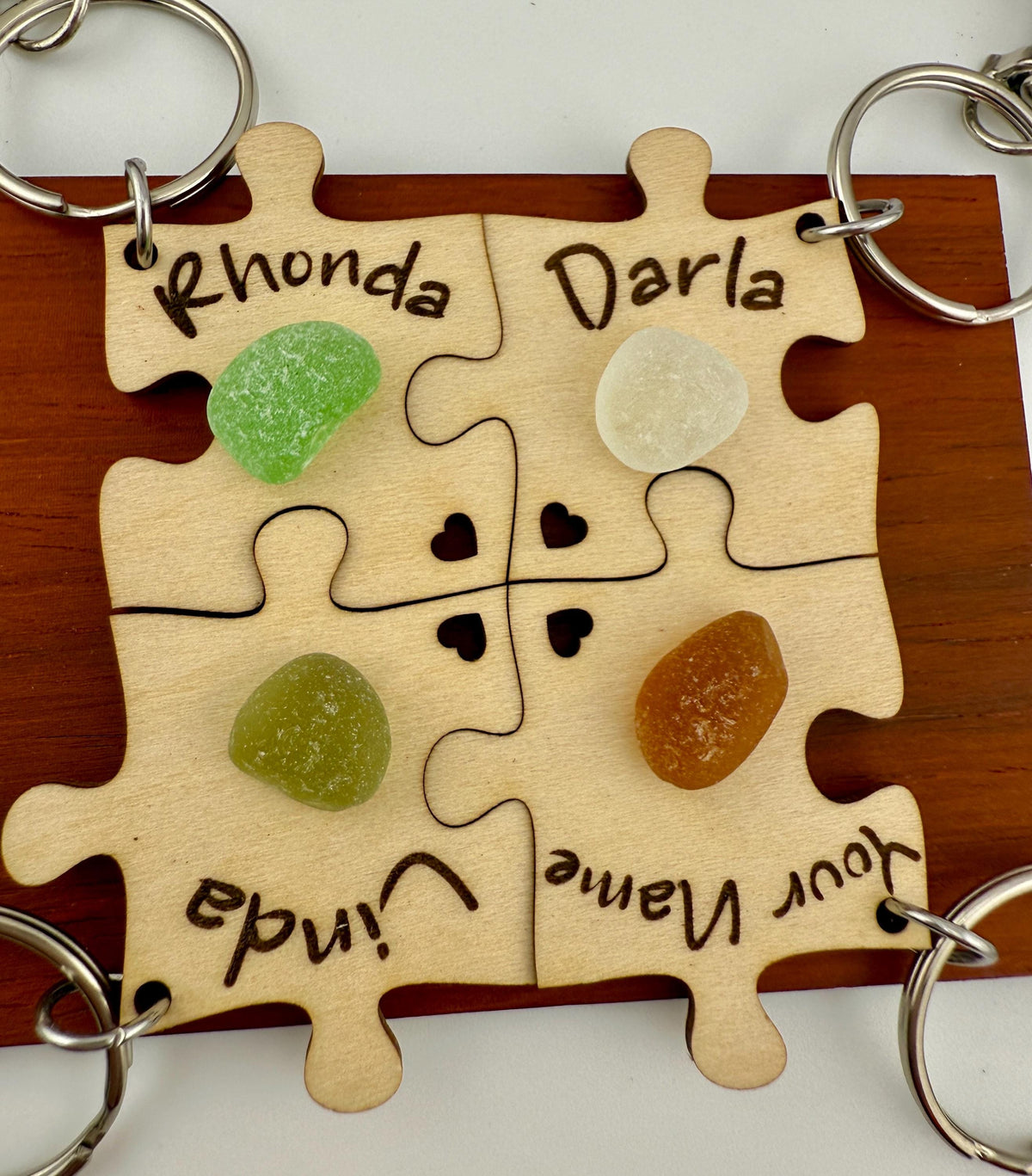 Personalized Puzzle Keychain Set – Engraved Wood & Sea Glass Friend Gift