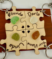 Personalized Puzzle Keychain Set – Engraved Wood & Sea Glass Friend Gift