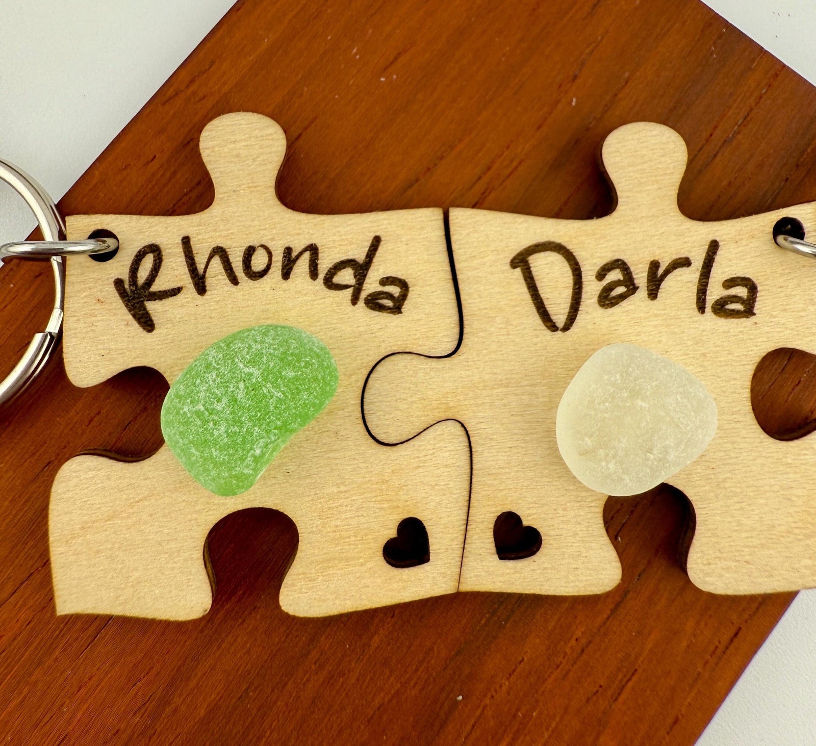 Personalized Puzzle Keychain Set – Engraved Wood & Sea Glass Friend Gift