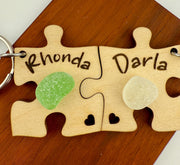 Personalized Puzzle Keychain Set – Engraved Wood & Sea Glass Friend Gift