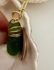 Lime Green Sea Glass Pendant – Genuine Caribbean Find, Hand-Drilled & Artistic Gold Wire Wrapped Necklace