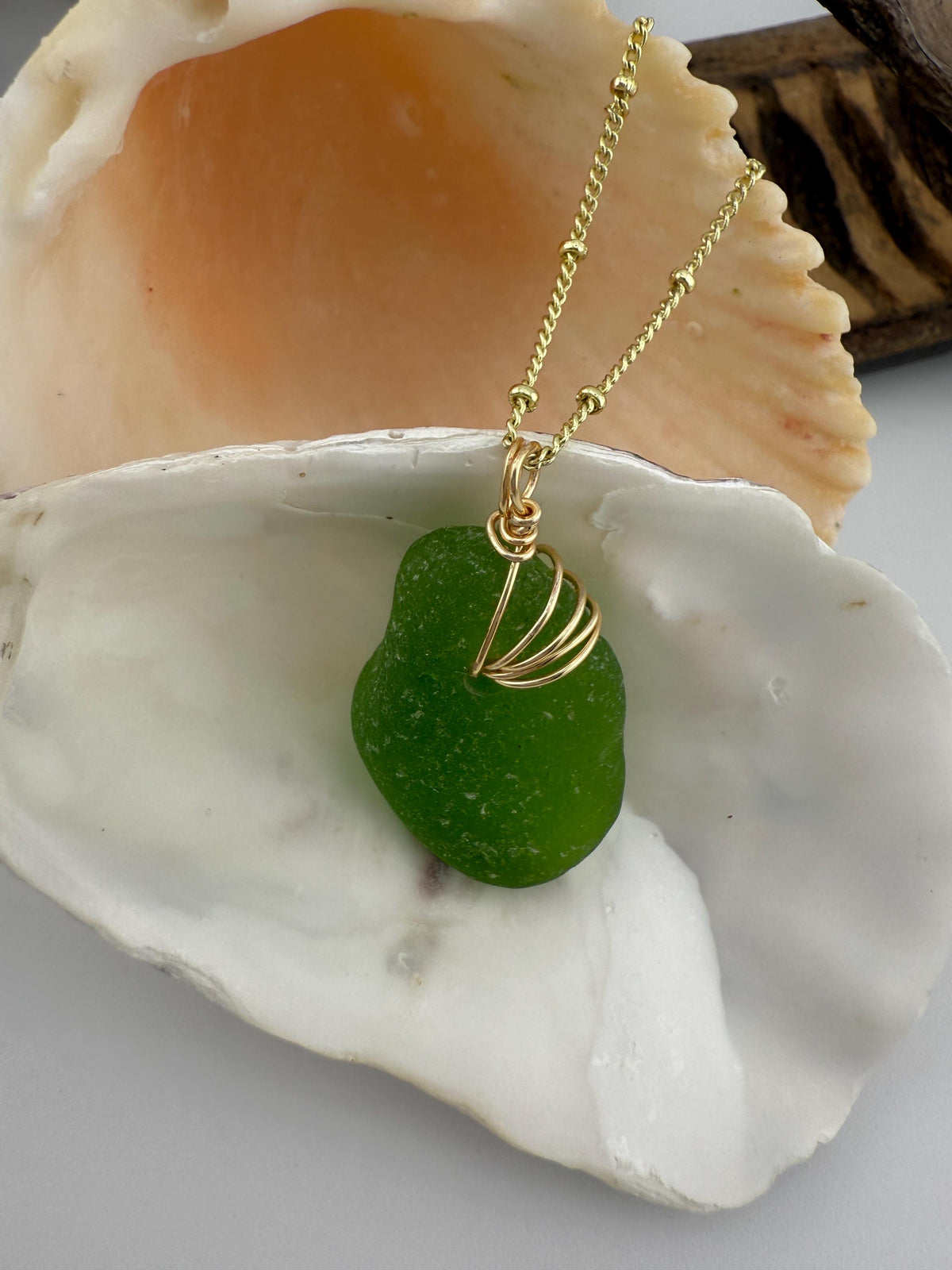 Lime Green Sea Glass Pendant – Genuine Caribbean Find, Hand-Drilled & Artistic Gold Wire Wrapped Necklace