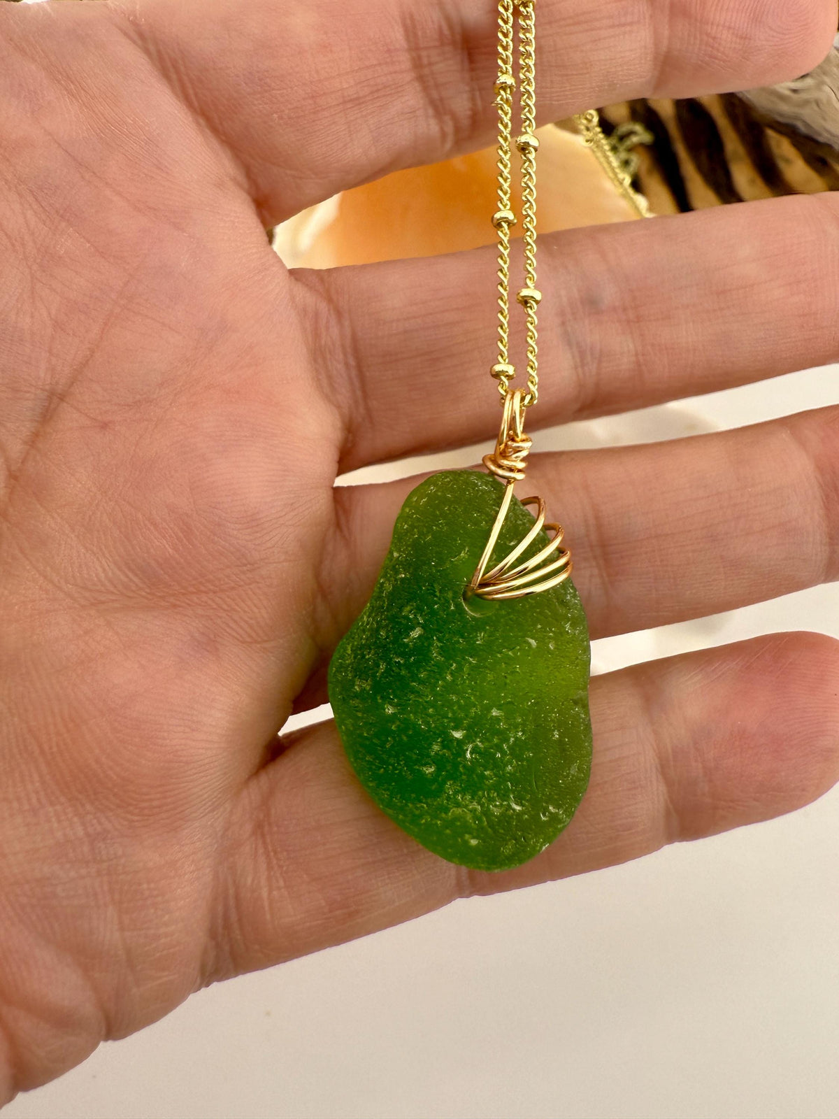 Lime Green Sea Glass Pendant – Genuine Caribbean Find, Hand-Drilled & Artistic Gold Wire Wrapped Necklace