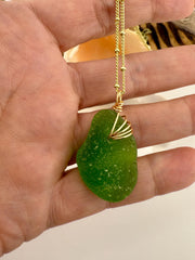 Lime Green Sea Glass Pendant – Genuine Caribbean Find, Hand-Drilled & Artistic Gold Wire Wrapped Necklace