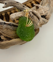 Lime Green Sea Glass Pendant – Genuine Caribbean Find, Hand-Drilled & Artistic Gold Wire Wrapped Necklace