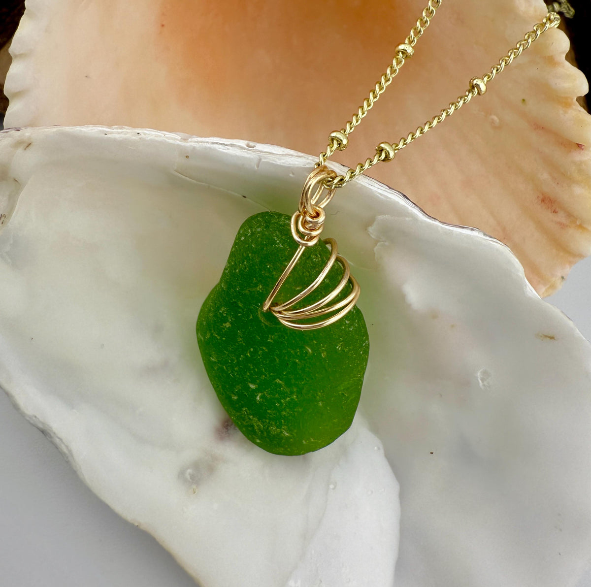 Lime Green Sea Glass Pendant – Genuine Caribbean Find, Hand-Drilled & Artistic Gold Wire Wrapped Necklace
