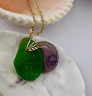 Lime Green Sea Glass Pendant – Genuine Caribbean Find, Hand-Drilled & Artistic Gold Wire Wrapped Necklace