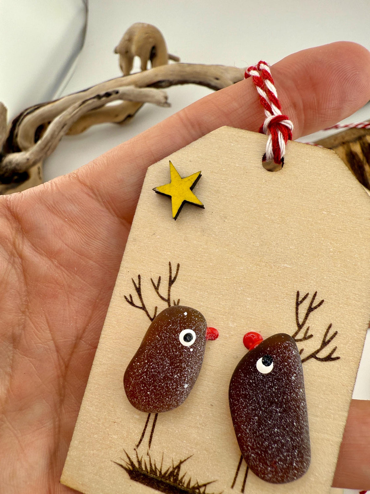 Sea Glass Reindeer (Christmas) Gift Tags, Laser Cut Wood Ornaments, Set of 2