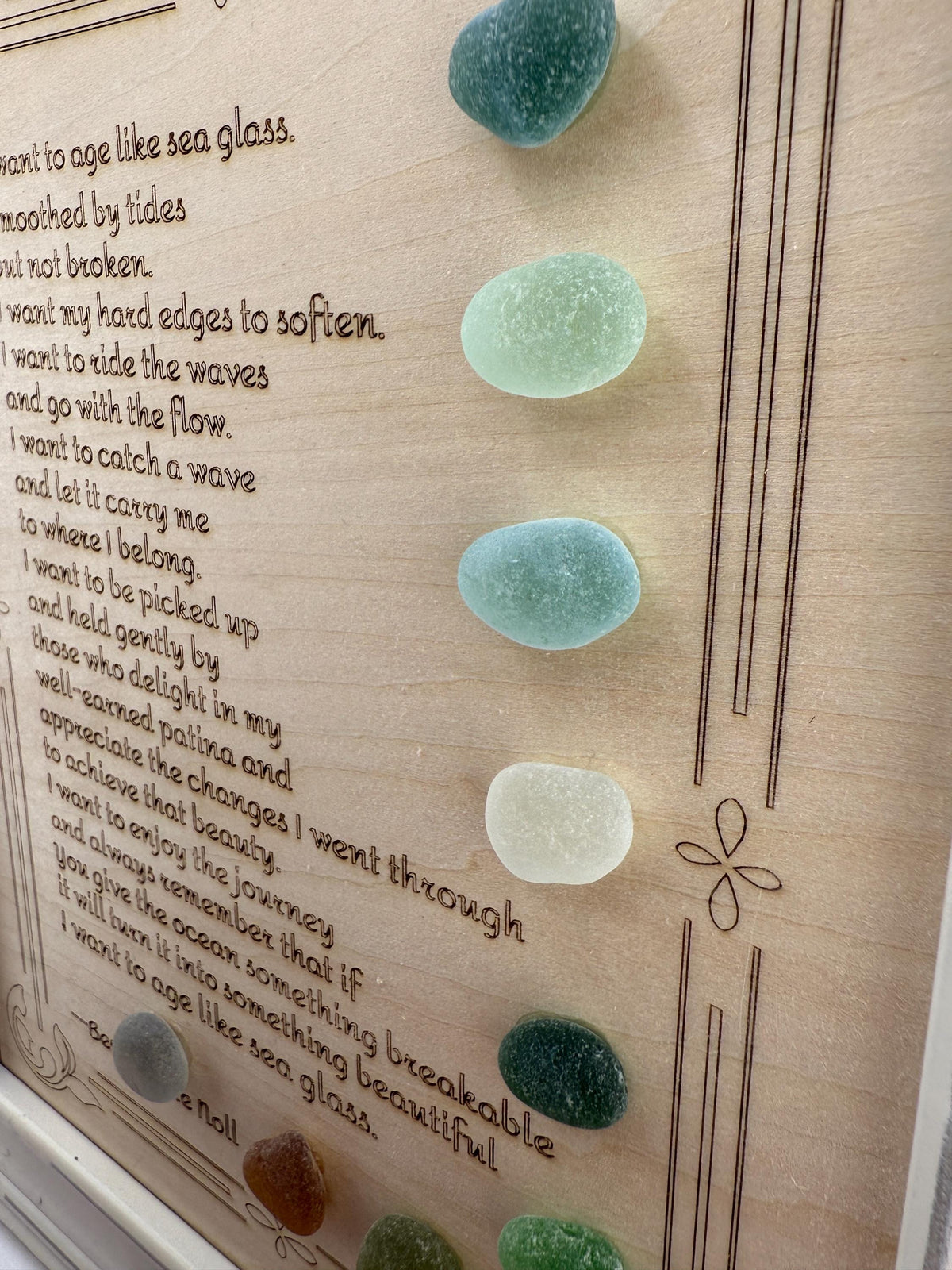 I Want to Age Like Sea Glass Poem | Framed Sea Glass Coastal Art | Inspirational Birthday Gift for Mom, Friend, Sister, Beach