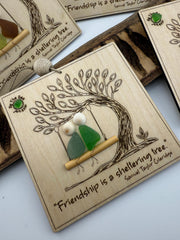 Friendship Sea Glass Ornament, Engraved Wood Sheltering Tree, Personalized BFF Gift