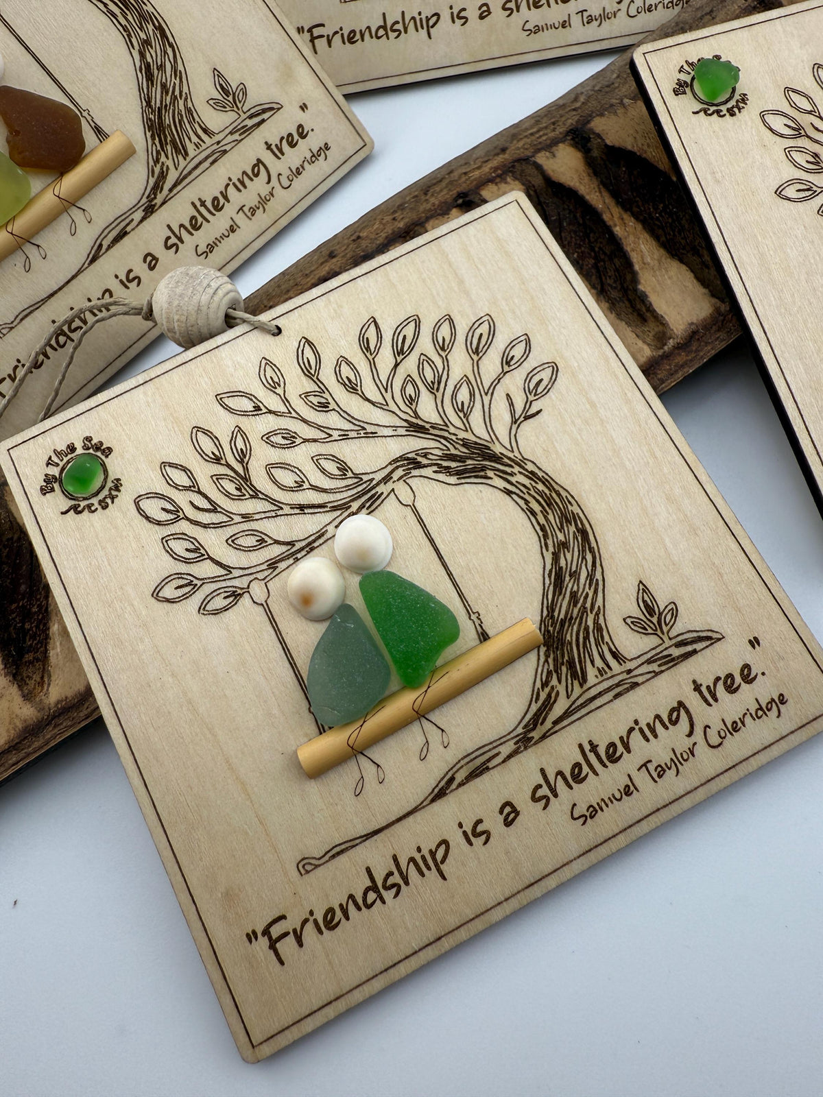 Friendship Sea Glass Ornament, Engraved Wood Sheltering Tree, Personalized BFF Gift