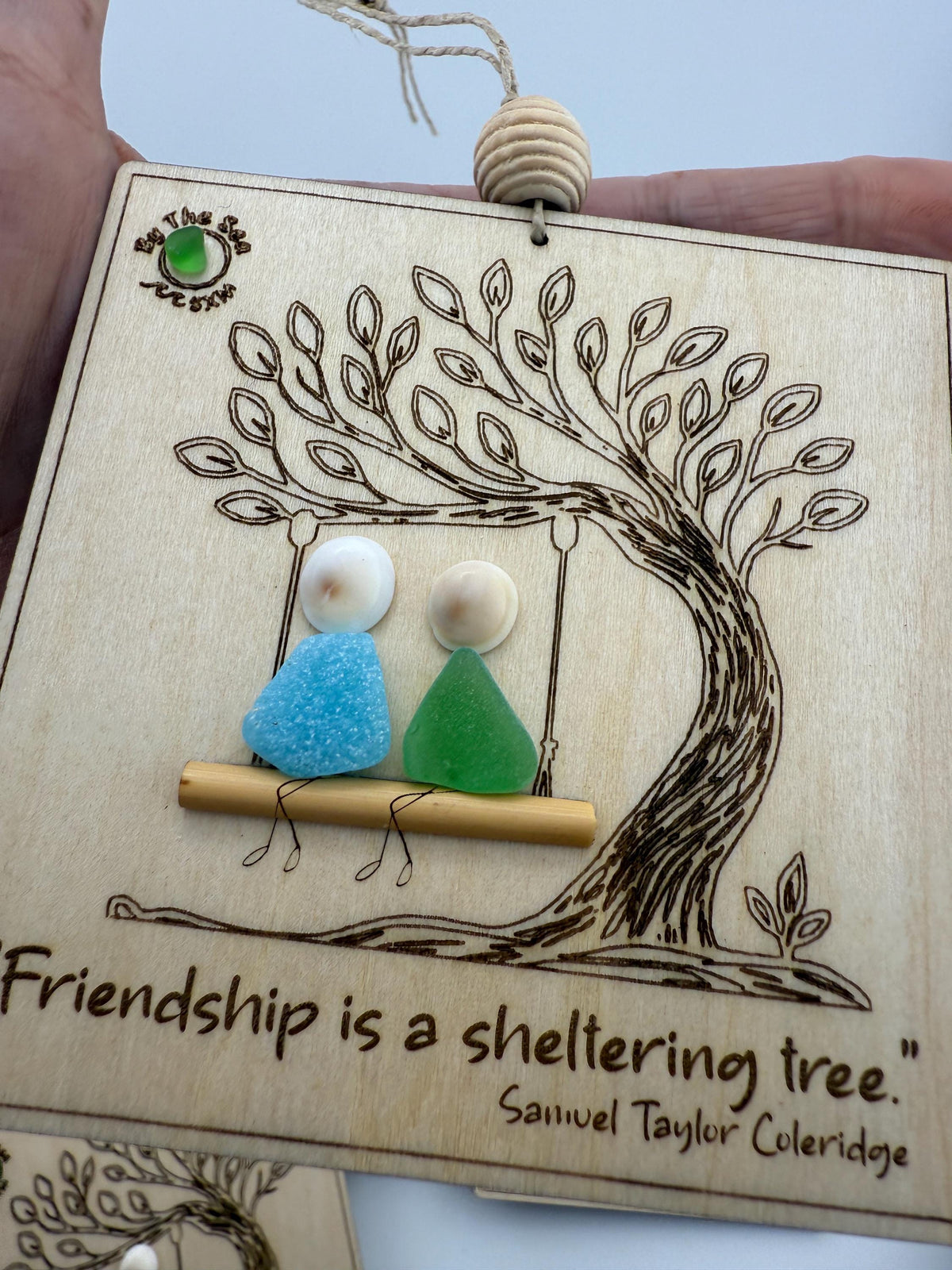 Friendship Sea Glass Ornament, Engraved Wood Sheltering Tree, Personalized BFF Gift