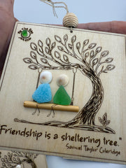 Friendship Sea Glass Ornament, Engraved Wood Sheltering Tree, Personalized BFF Gift