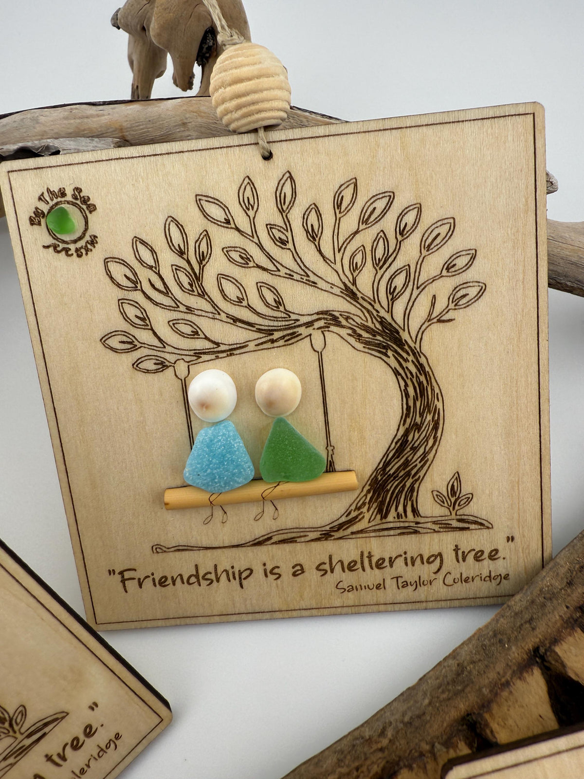 Friendship Sea Glass Ornament, Engraved Wood Sheltering Tree, Personalized BFF Gift