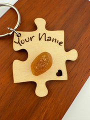 Personalized Puzzle Keychain Set – Engraved Wood & Sea Glass Friend Gift