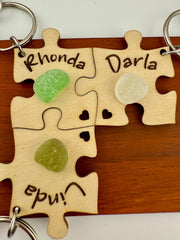 Personalized Puzzle Keychain Set – Engraved Wood & Sea Glass Friend Gift