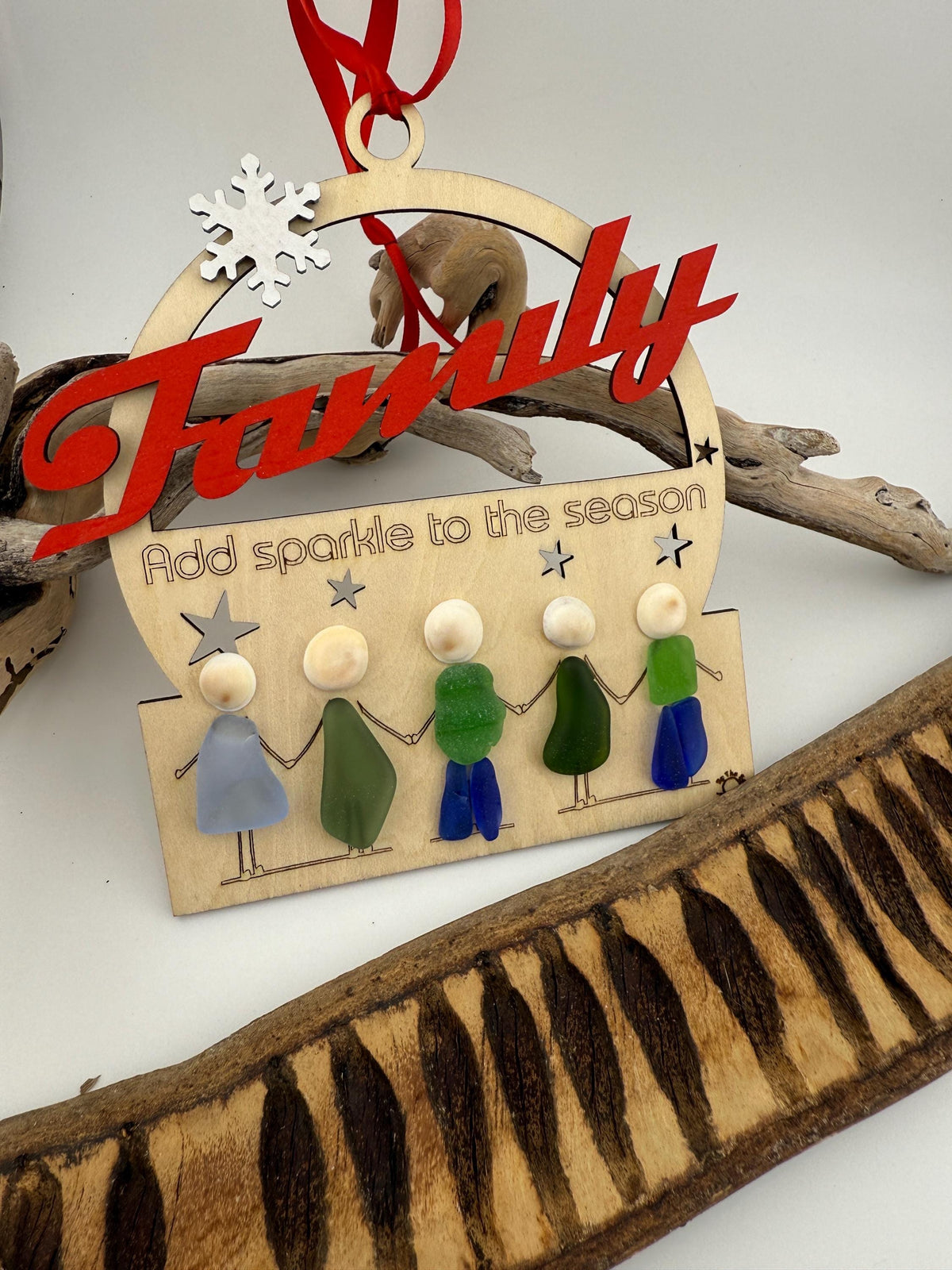 Unique Sea Glass Friendship Christmas Ornament, Handmade Wooden Holiday Keepsake. “friends add sparkle”