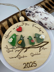 Personalized Sea Glass Bird Family Tree, Laser Cut Wooden Keepsake Ornament