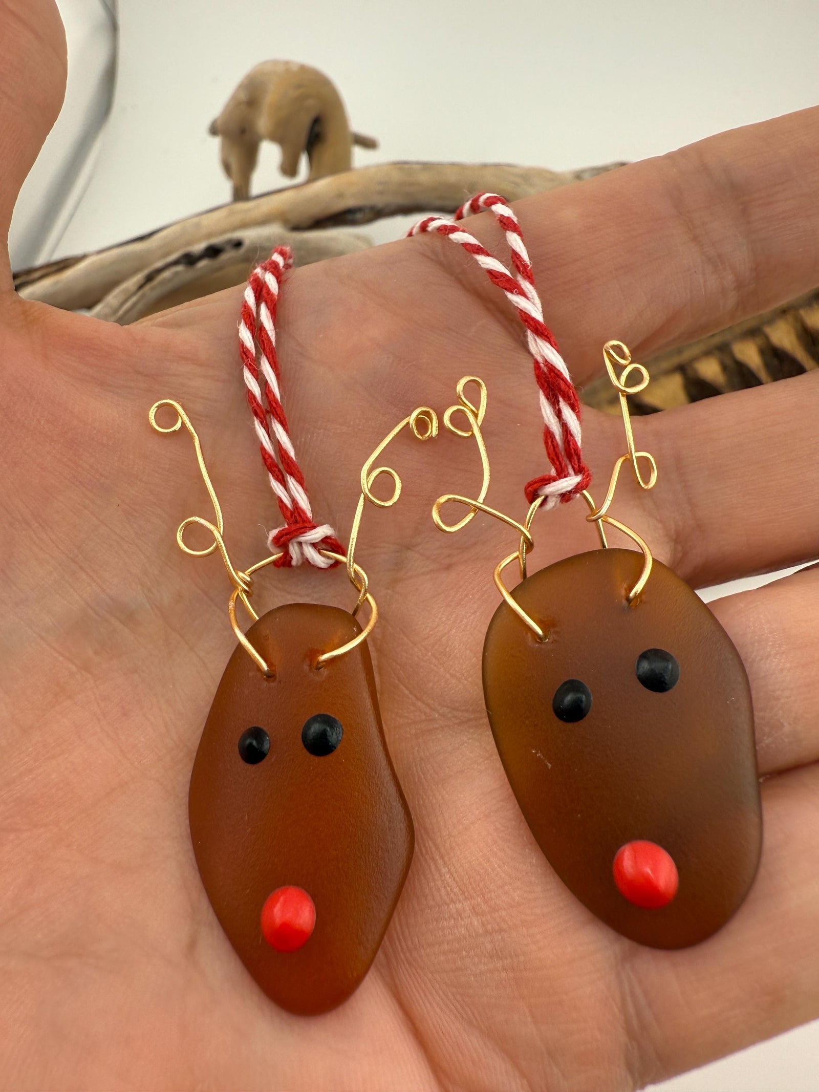 Set of 2, Sea Glass Reindeer Couple Christmas Ornaments, Handmade Coastal Holiday Decor