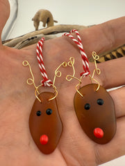 Set of 2, Sea Glass Reindeer Couple Christmas Ornaments, Handmade Coastal Holiday Decor