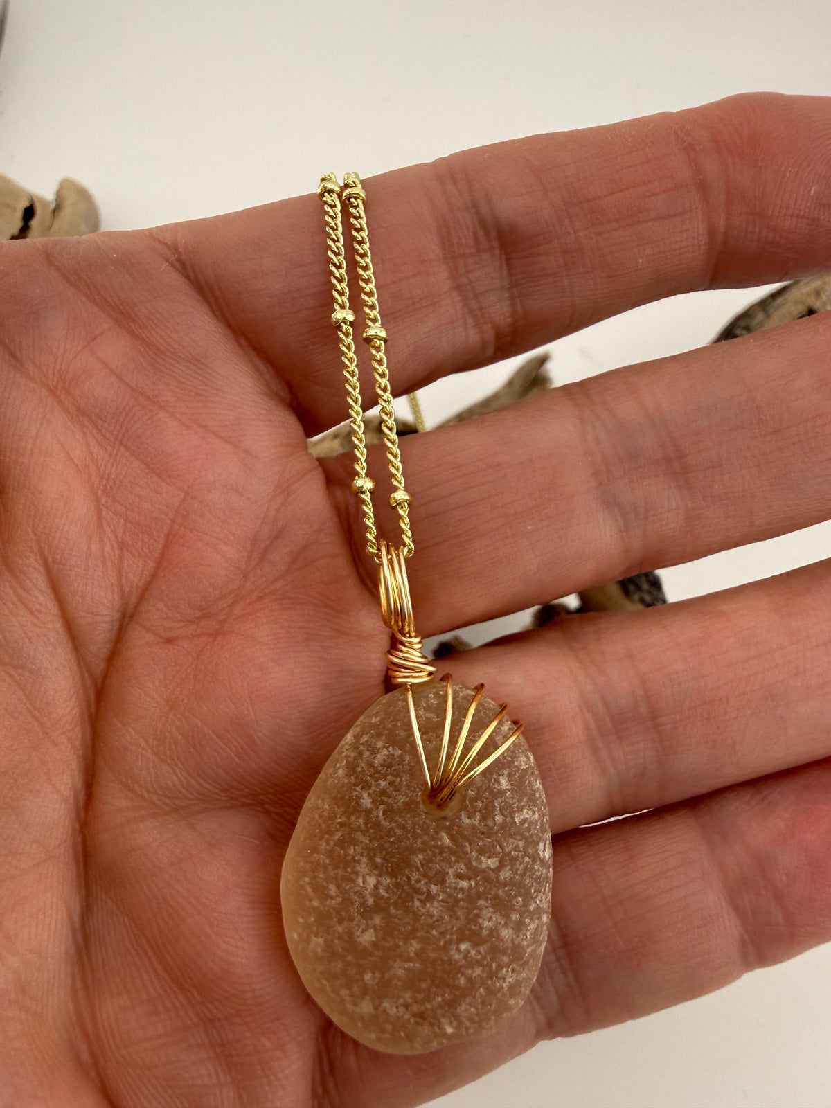 Champagne Sea Glass Necklace, Real Caribbean Sea Glass Pendant, Gold Wire Wrapped Beach Jewelry, Coastal Gift for Her