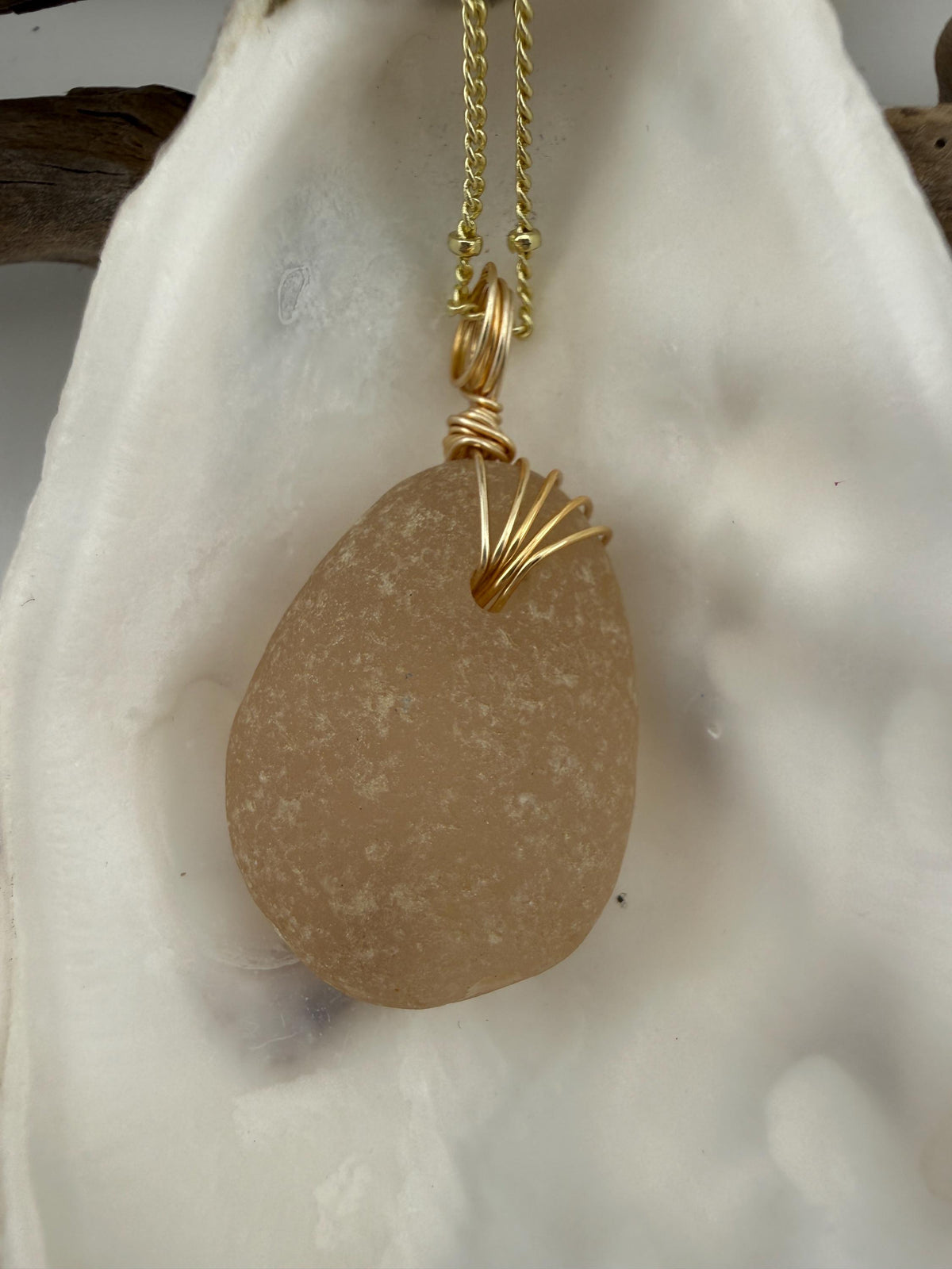 Champagne Sea Glass Necklace, Real Caribbean Sea Glass Pendant, Gold Wire Wrapped Beach Jewelry, Coastal Gift for Her